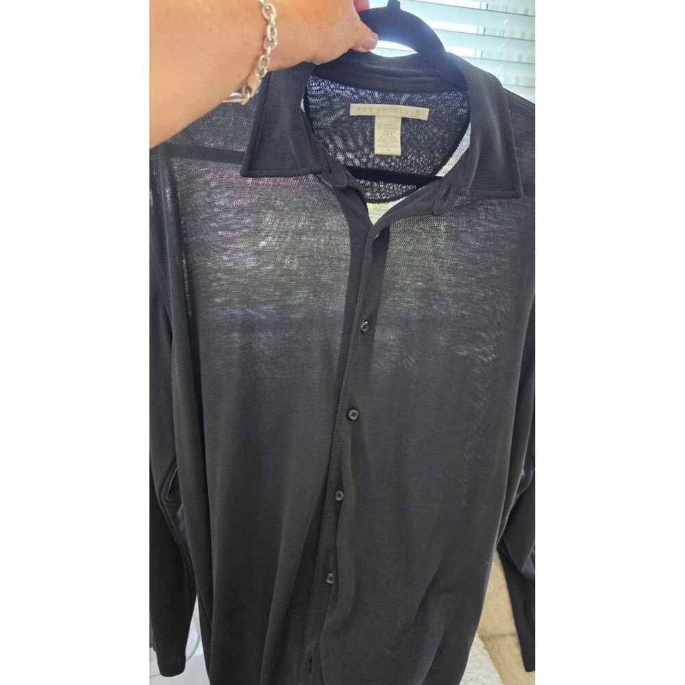 VTG Y2K Perry Ellis Mens L Sheer Shirt Black Button Up 90s Minimalist USA